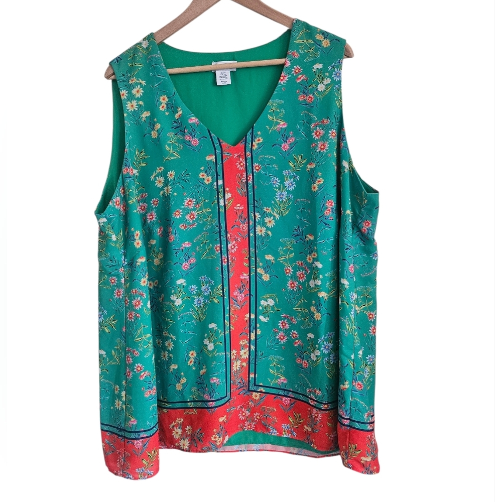 Adrienne Vittadini Vibrant Green V Neck Cottagecore Floral Blouse Top Size 2X